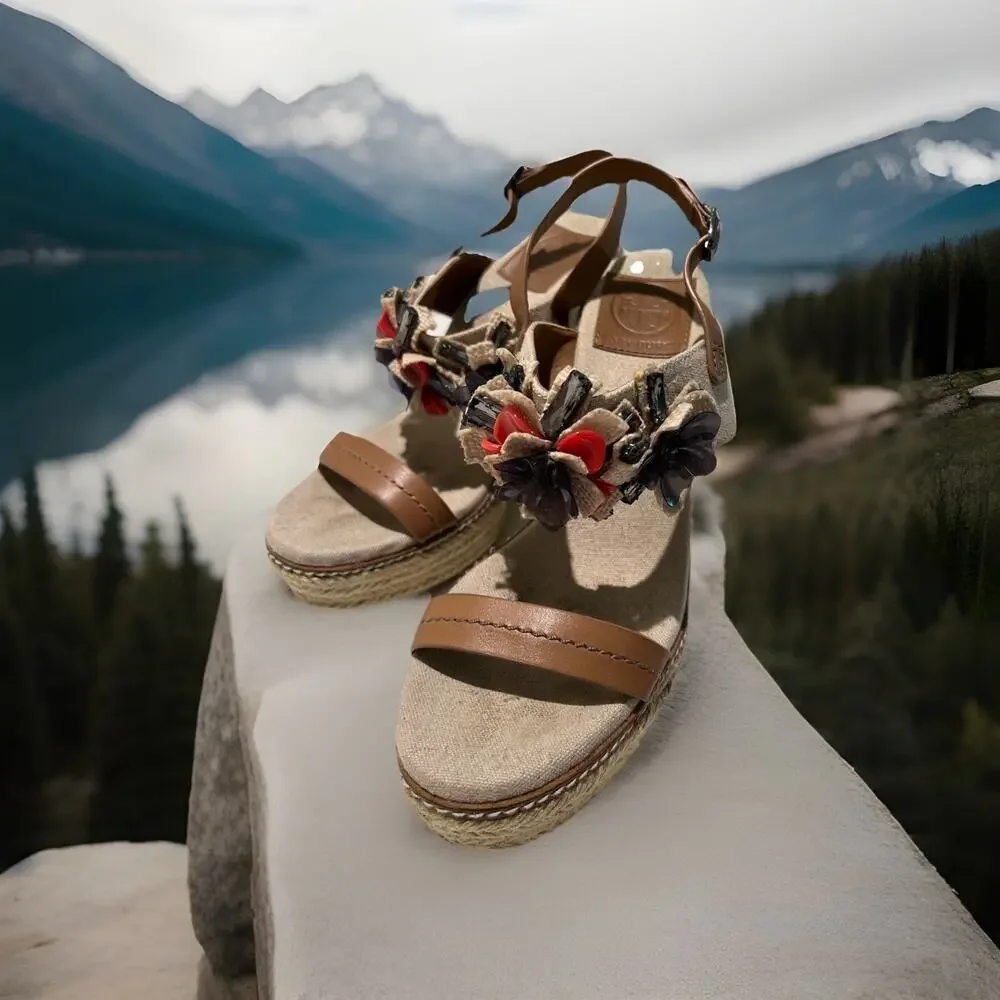 Tory Burch Canvas Leather Espadrille Wedge Sandal Size 8M Beige Brown
